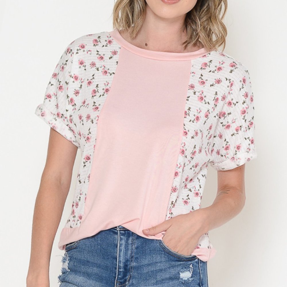 FLORAL COLOR BLOCK SHORT SLEEVE TUNIC TOP